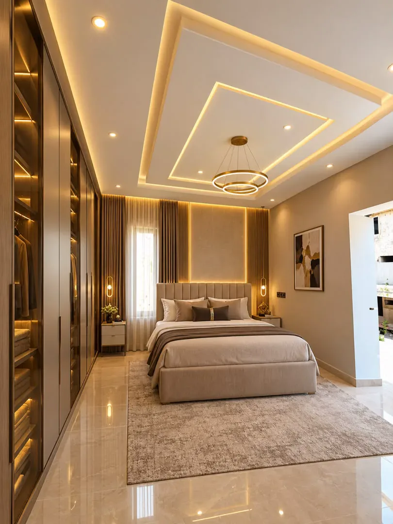 Contemporary bedroom with upholstered bed, seating and coordinated interior furnishings