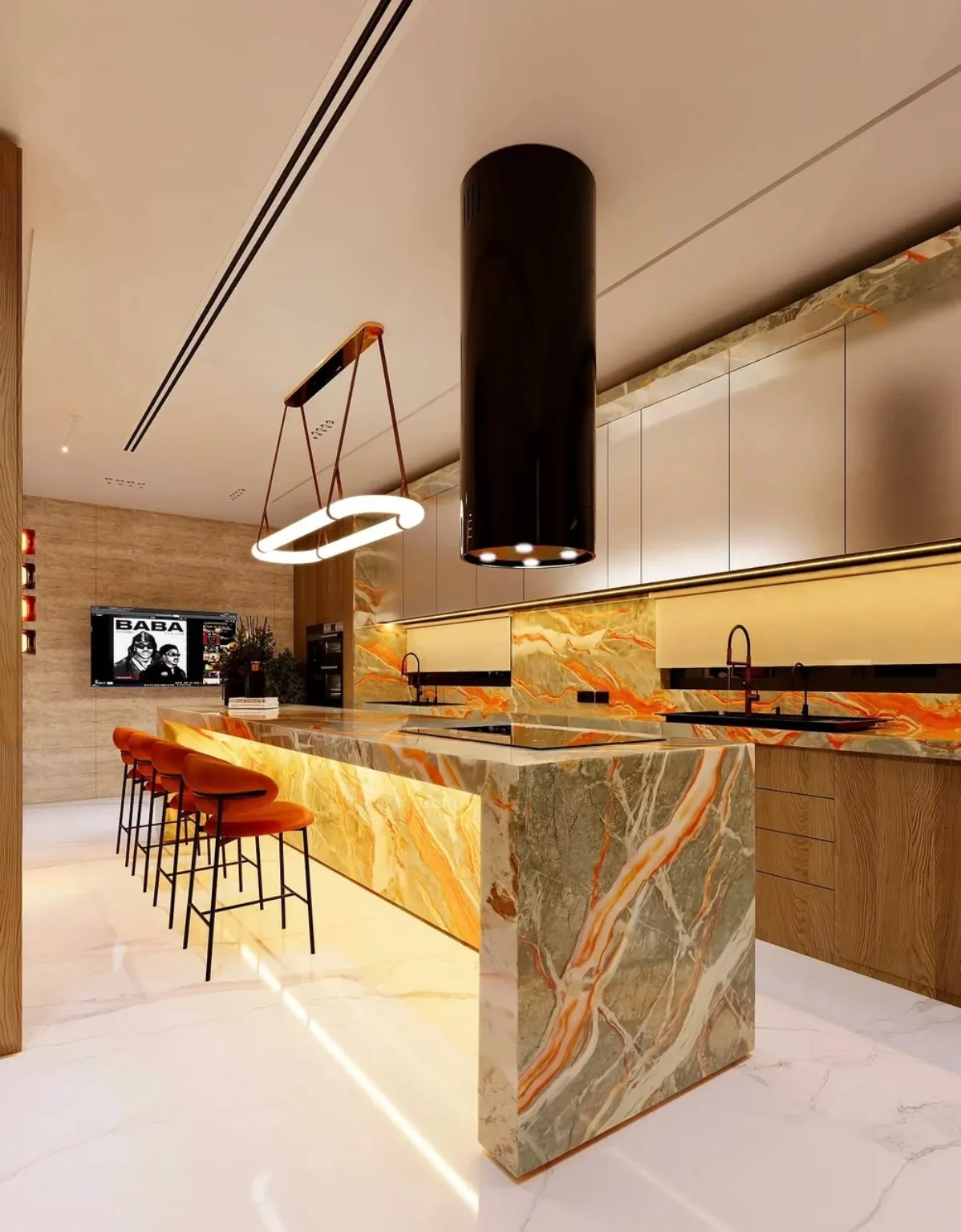 Luxury fitted kitchen with marble island, cabinetry and designer bar seating